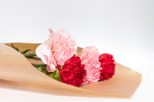 흰 바닥에 놓여져 있는 카네이션 꽃다발. 빨간색, 연분홍색