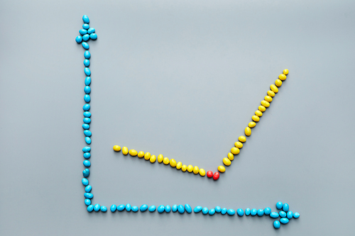 Directly above view of increasing financial graph made of yellow candy beans