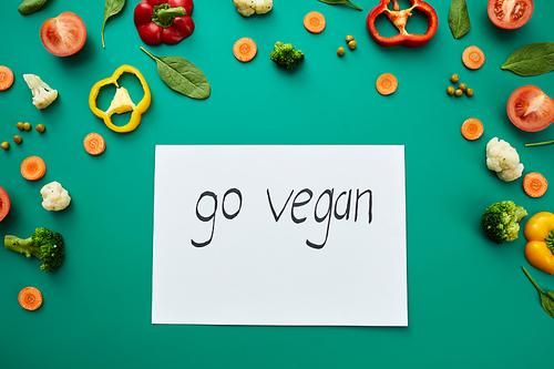 Vegan lifestyle: go vegan lettering written on paper placed among fresh vegetables on green background
