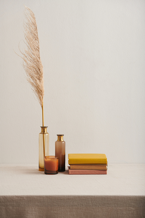 Modern minimalistic still life shot with glass vessels, dried plant and old books, copy space