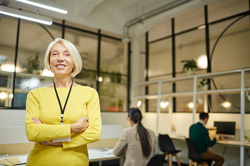 Cheerful attractive mature lady head of design department standing in modern office and looking at camera while crossing arms on chest