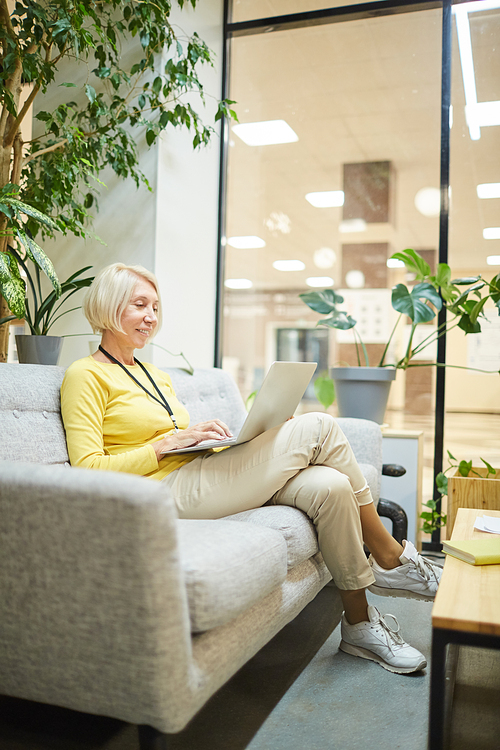 Positive mature female entrepreneur sitting on sofa and working on laptop in office staff room