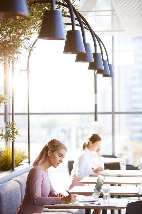 Serious concentrated young businesswoman sitting at table in cafe and planning project implementation