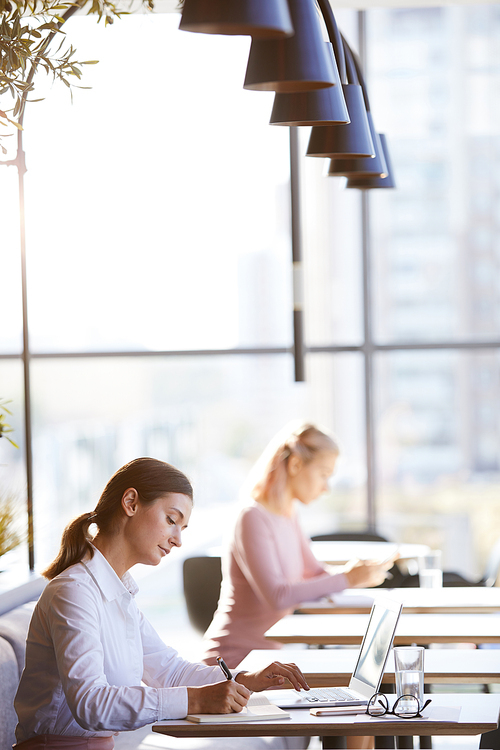 Serious beautiful young businesswoman in formal outfit sitting at table in cafe and making notes in diary while planning her day