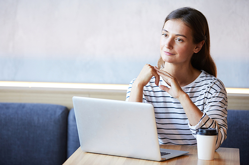 Content attractive young social media specialist in sweater sitting at table with laptop and coffee cup in cafe, she working out of office