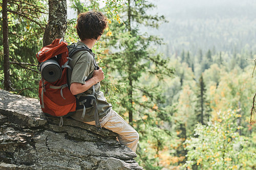 Young traveller with backpack sitting on stone at mountain and looking at forest