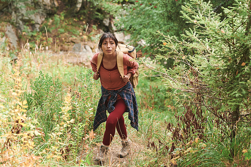 Young mixed race woman with shirt wrapped around waist carrying backpack in forest during hike