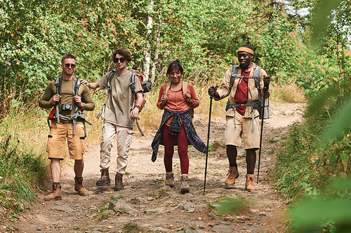 Group of young multi-ethnic friends in casual outfits carrying backpacks while hiking together in forest