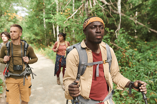 Group of young multi-ethnic tourists walking together in forest and finding halt place