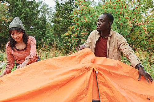 Positive young multi-ethnic couple raising tent while setting it outdoors