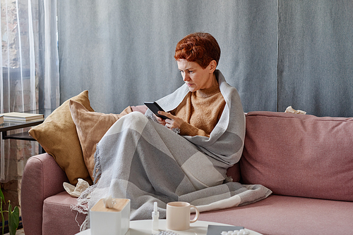 Horizontal shot of mature Caucasian woman with short hair having coronavirus sitting on sofa at home surfing Internet on smartphone