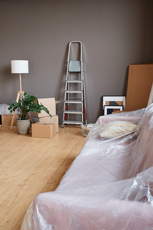 Vertical no people shot of spacious loft living room in new apartment with boxes, ladder, sofa and various objects