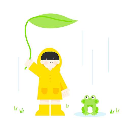 비오는날 잎 우산을 들고 우비를 입고 있는 아이와 개구리