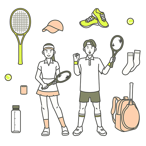 테니스 복장을 한 사람과 각종 테니스 장비 일러스트