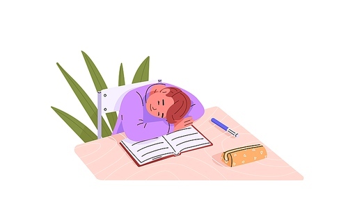 School boy sleeping on desk. Tired child fall asleep during studying and reading. Sleepy schoolboy with head on table. Drowsy napping schoolkid. Flat vector illustration isolated on white background.