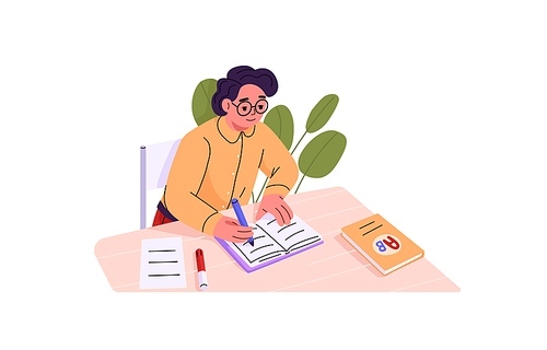 School child sitting at desk and studying. Girl in glasses writing essay in notebook. Diligent schoolkid in eyewear doing homework at table. Flat vector illustration isolated on white background.