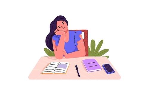Bored tired student sitting at desk. Sad depressed high school girl feeling boredom. Unhappy fatigue teen pupil with books and phone on table. Flat vector illustration isolated on white background.