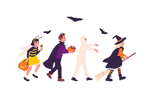 Kids in Halloween carnival costumes. Children disguised in witch, mummy and dracula for fall party. Boys and girls walking with pumpkin and broom. Flat vector illustration isolated on white background.