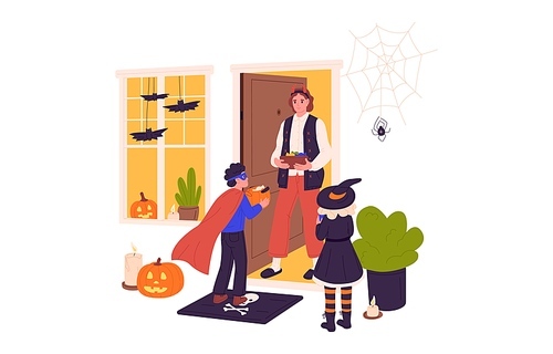 Trick-or-treat, Halloween tradition. Kids disguised in holiday costumes asking for candies in houses. Children coming for sweets in October. Flat vector illustration isolated on white background.