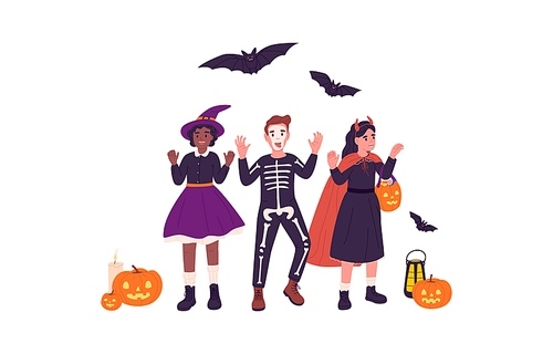 Disguised kids portrait. Children in Halloween party and autumn carnival costumes of witch, skeleton zombie and vampire. Flat vector illustration of funny girls and boy isolated on white background.