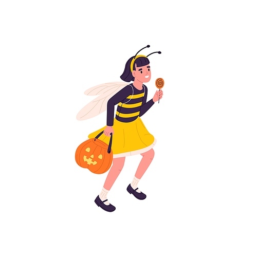 Kid in Halloween party costume of cute bee, walking with lollipop. Happy girl with pumpkin and candies running. Disguised child for fall carnival. Flat vector illustration isolated on white background.