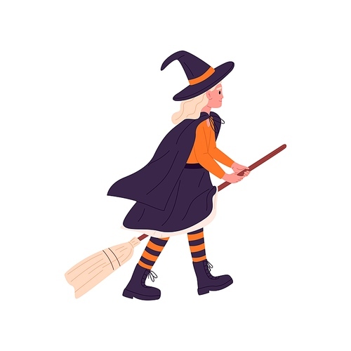 Kid in Halloween party costume of witch. Disguised girl in hat, cloak cape, orange and black stockings. Child with broom, dressed for carnival. Flat vector illustration isolated on white background.