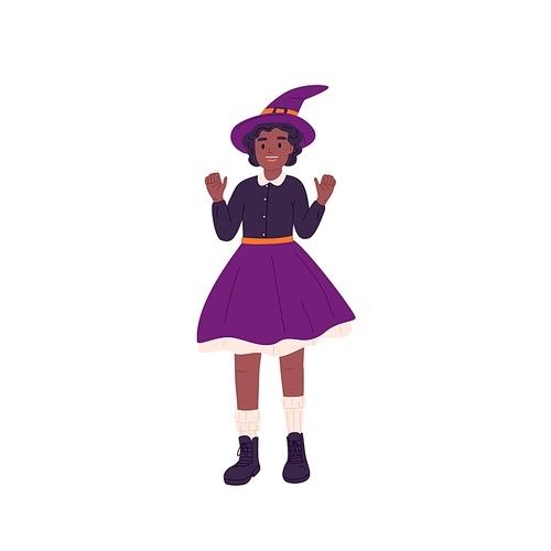 Kid in Halloween witch costume. Happy excited girl disguised for October autumn carnival. African-American child in pointy hat portrait. Flat vector illustration isolated on white background.
