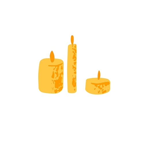 Wax candles with flames. Aroma candlelights in doodle style. Cute trendy aromatic light decor of different shapes and sizes. Flat vector illustration isolated on white background.