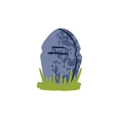 Tombstone of grave. Headstone and grass, Halloween clipart. Cemetery gravestone. Tomb on graveyard. Flat vector illustration of head stone isolated on white background.