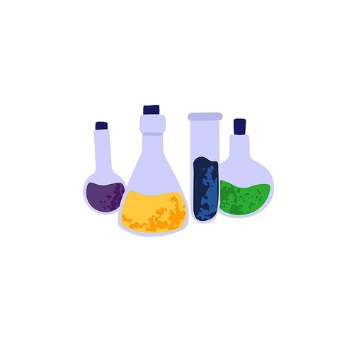 Potion liquids in glass tubes, flasks, beakers. Magic fluids, poison essences, chemical elixirs and substances. Alchemy glassware. Colored flat graphic vector illustration isolated on white background.