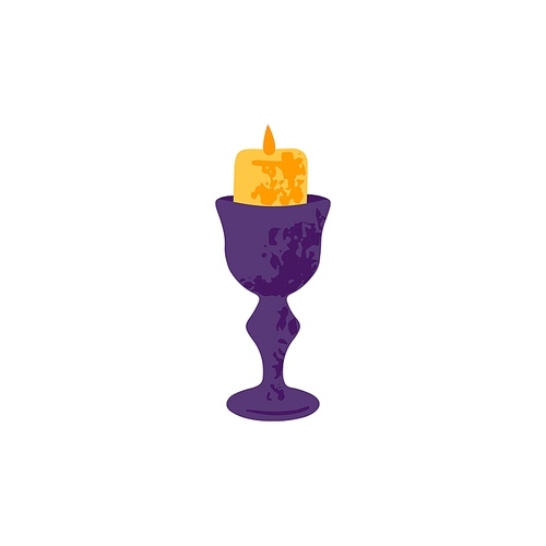 Wax candle in candlestick. Halloween candlelight with glowing light flame in holder. Helloween decor, candelabra. Flat vector illustration isolated on white background.