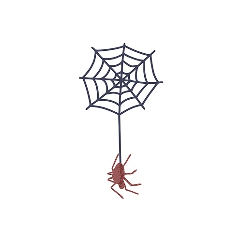 Spider hanging on web. Cute and spooky arachnid making net. Creepy Halloween spiderweb in doodle style. Flat vector illustration isolated on white background.