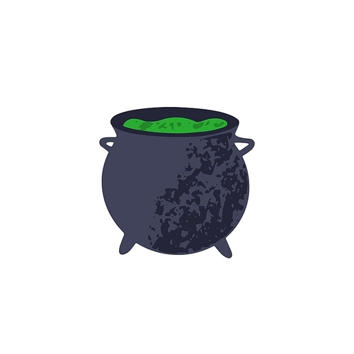 Halloween cauldron with potion. Magic green poison, cooking in big witch's pot. Caldron for alchemy and sorcery. Flat vector illustration isolated on white background.