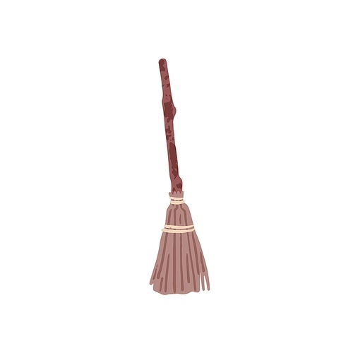 Magic broom stick for witch. Old wooden broomstick for wizards. Halloween besom from wood twigs. Vintage floor sweeper. Flat vector illustration isolated on white background.