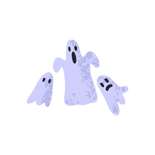 Halloween ghosts. Cute funny boo characters. Spooky phantoms in doodle style. Scary horror spooks family. Childish flat vector illustration of Haloween ghouls with faces isolated on white background.