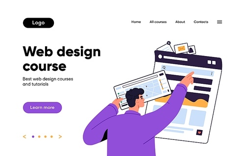 Landing page template for website. Web-site background, interface layout. Wireframe of education platform homepage for UI UX design courses with menu, elements and buttons. Flat vector illustration.