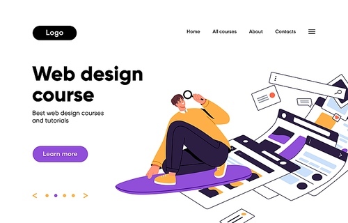 Landing page design for website homepage. Web-site interface layout with menu, elements. Modern education platform wireframe, template for UI UX online courses. Colored flat vector illustration.