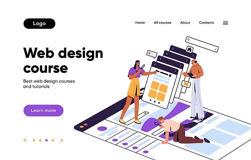 Landing page, homepage template for website, online education platform. Site interface layout. SEO, UI, UX and web design courses wireframe with menu, elements. Colored flat vector illustration.