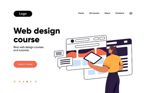 Websites home page layout. Landing template for web site, online education platform. Interface wireframe for UI, UX design courses, internet virtual school. Colored flat vector illustration.