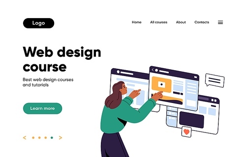 Landing page of website. Web-site template for online education platform. Interface wireframe, layout for UI, UX design courses, school. Homepage for studying. Colored flat vector illustration.