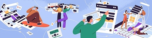 People surfing internet, searching and finding information online. Men and women users looking for smth in networks, using abstract web sites and magnifying glasses. Flat vector illustration.