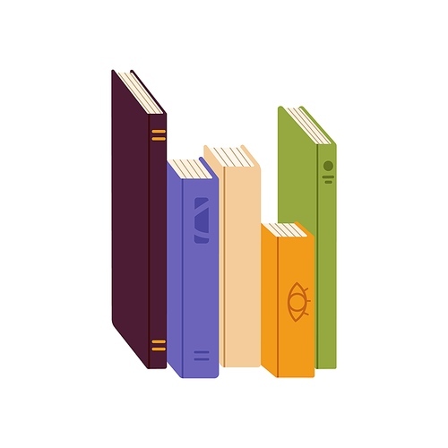 Paper books standing in row. Different abstract textbooks from library, school and academic literature, dictionaries, novels in covers. Colored flat vector illustration isolated on white background.