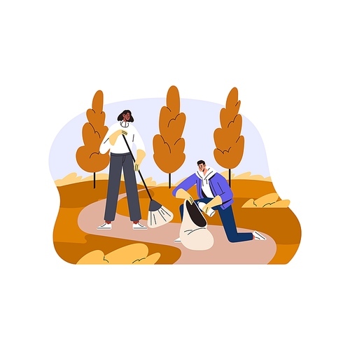 Ecology volunteers cleaning park, nature from garbage. Eco activists couple collecting trash to bag, picking litter. Voluntary environment help. Flat vector illustration isolated on white background.