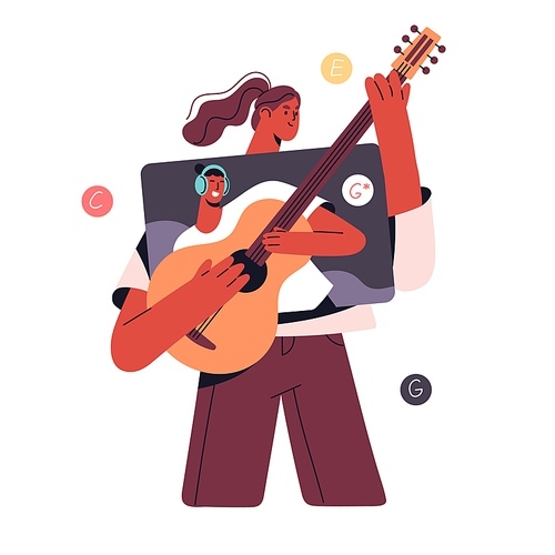 Online music education concept. Woman learns to play guitar by internet video. Girl performs on instrument with distant teacher at virtual lesson. Flat vector illustration isolated on white background.