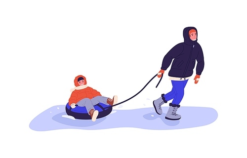 Happy kid sitting in snow tubing, friend walking and pulling him with rope. Children have fun on winter holidays. Boys during wintertime leisure. Flat vector illustration isolated on white background.