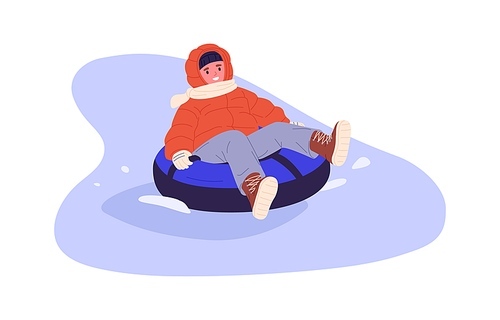 Happy kid on tubing sliding down slope. Excited child riding toboggan, having fun on winter holidays. Boy during outdoor leisure activity. Flat vector illustration isolated on white background.