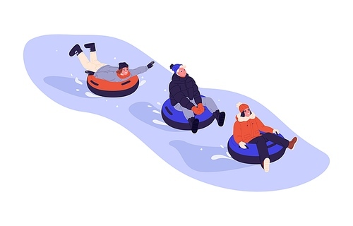 Happy friends on snow tubings sliding down slope together. Young people having fun on winter holidays outdoors. Wintertime leisure activity. Flat vector illustration isolated on white background.