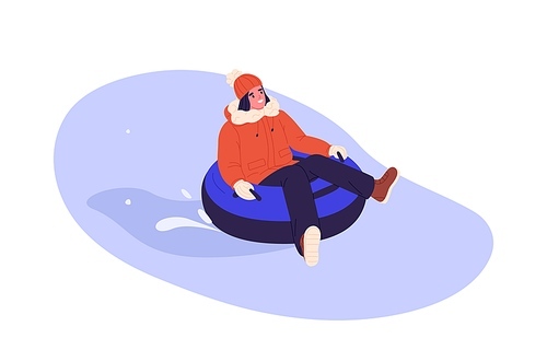 Happy woman on snow tubing sliding down slope. Person having fun on winter holidays. Female enjoying outdoor leisure activity in wintertime. Flat vector illustration isolated on white background.
