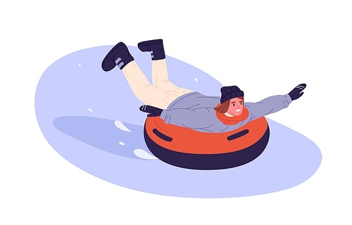 Happy woman on snow tubing sliding down slope, riding it on stomach. Person having fun on winter holidays. Active outdoor leisure activity. Flat vector illustration isolated on white background.