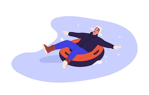 Happy man riding winter tubing, sliding down snow slope. Adult person during wintertime fun, activity. Outdoor leisure in cold weather. Flat vector illustration isolated on white background.